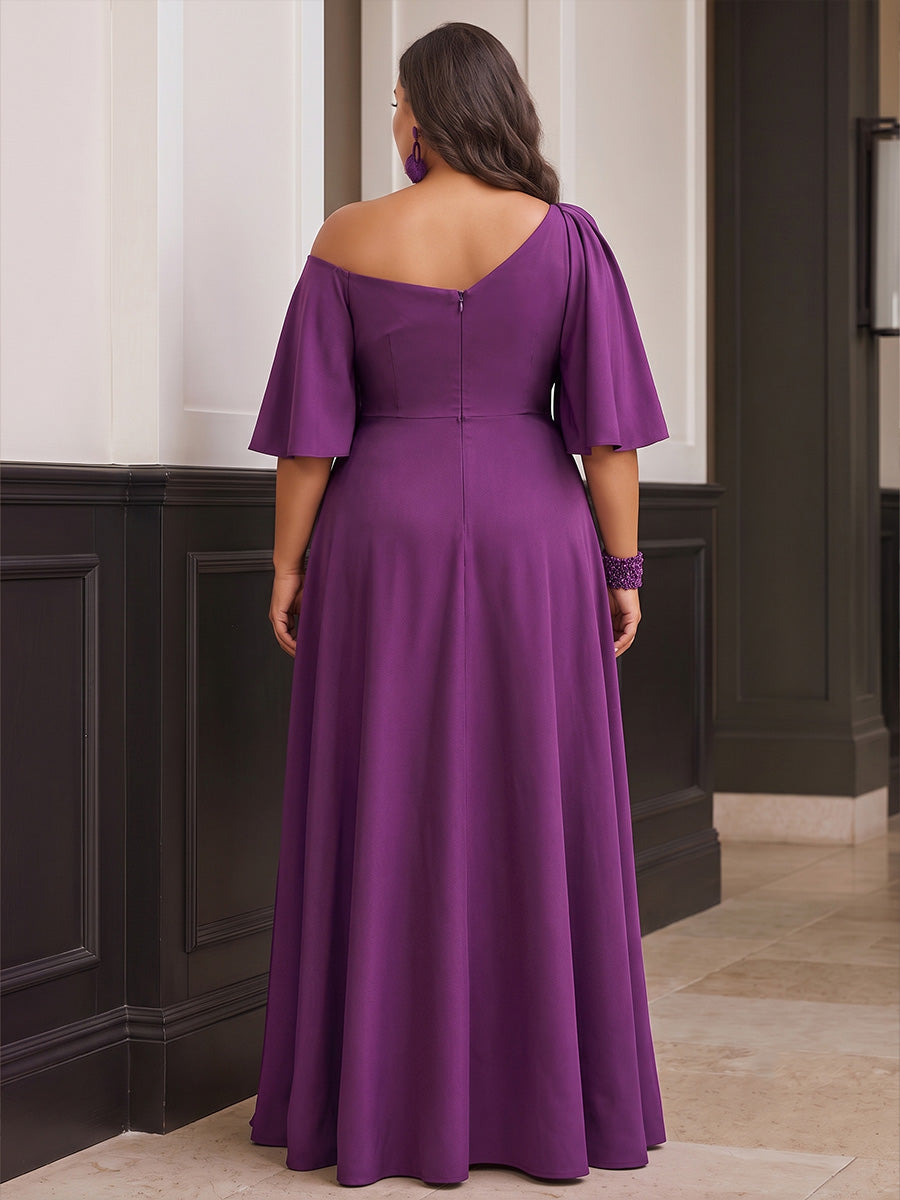 A-Line/Princess Off Shoulder Satin Maxi Plus Size Formal Dresses with Pleats