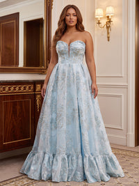 A-Line/Princess Strapless Jacquard Floor-Length Plus Size Formal Dresses with Corset Bodice & Pleats