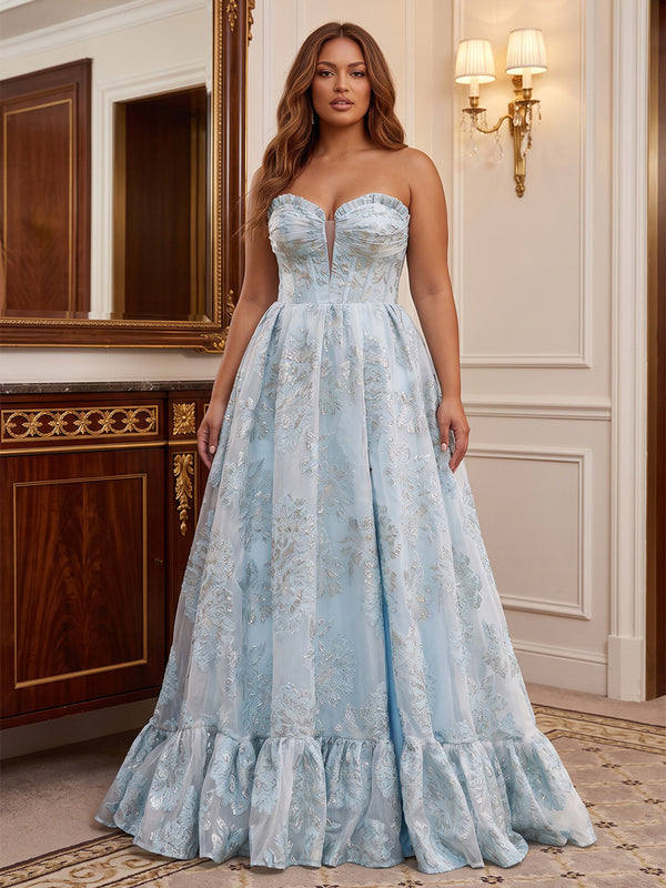 A-Line/Princess Strapless Jacquard Floor-Length Plus Size Formal Dresses with Corset Bodice & Pleats