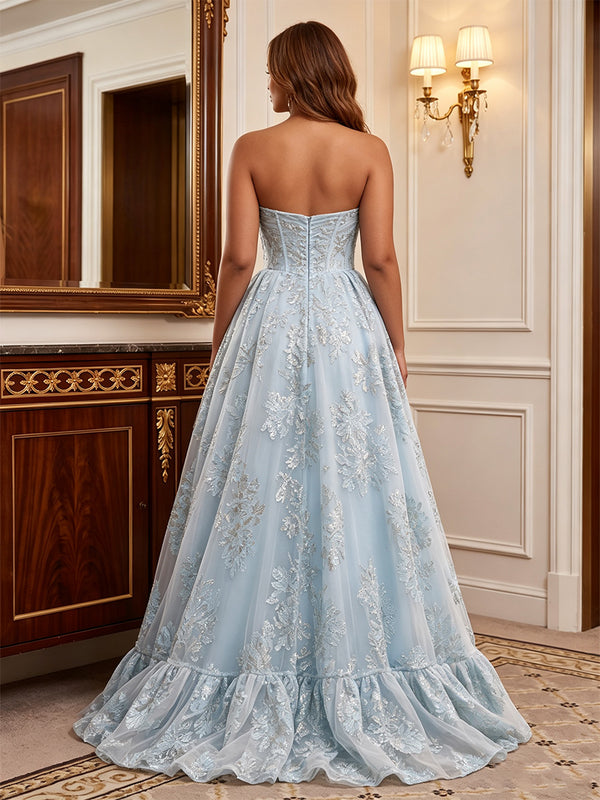 A-Line/Princess Strapless Jacquard Floor-Length Plus Size Formal Dresses with Corset Bodice & Pleats