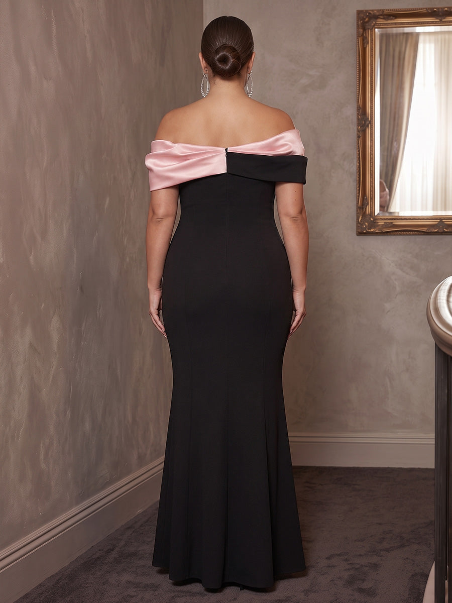 Mermaid/Trumpet Off Shoulder Stretch Jersey Maxi Plus Size Formal Dresses with Ruched Bodice