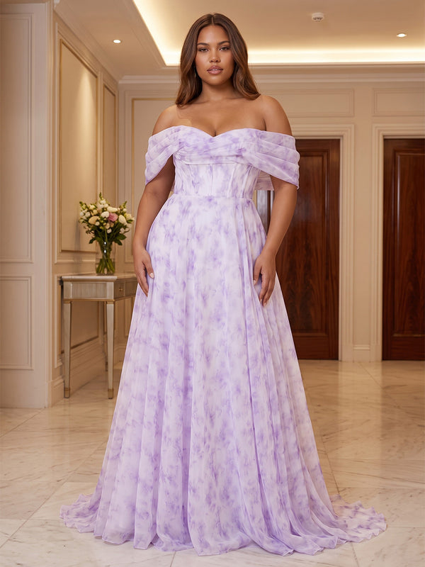 A-Line/Princess Off Shoulder Floral Print Floor-Length Plus Size Formal Dresses with Corset Bodice & Pleats