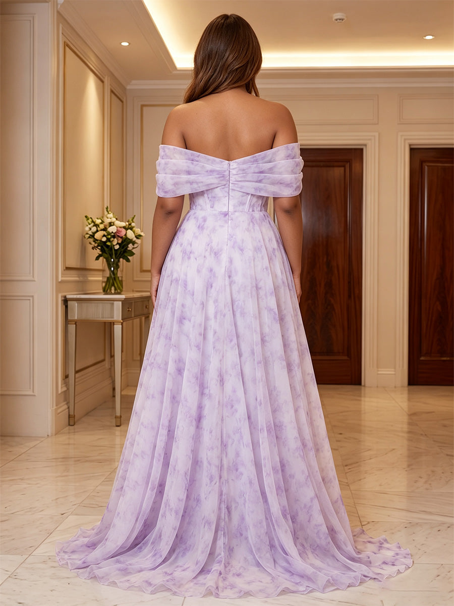 A-Line/Princess Off Shoulder Floral Print Floor-Length Plus Size Formal Dresses with Corset Bodice & Pleats