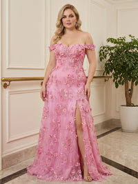 A-Line/Princess Off Shoulder Lace Appliques Floor-Length Plus Size Formal Dresses with 3D Flowers, Coeset Bodice & Pleats