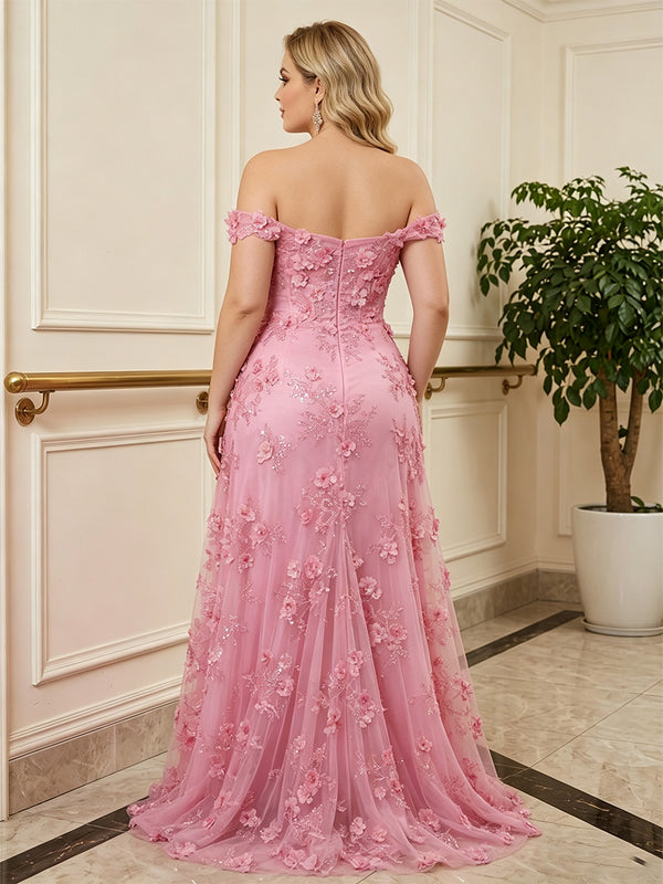 A-Line/Princess Off Shoulder Lace Appliques Floor-Length Plus Size Formal Dresses with 3D Flowers, Coeset Bodice & Pleats