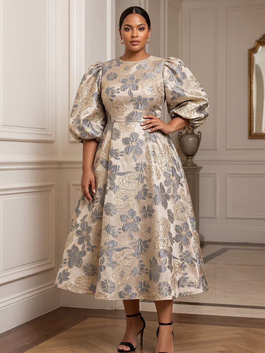 A-Line/Princess Scoop Neck Jacquard Tea-Length Plus Size Formal Dresses with Pleats