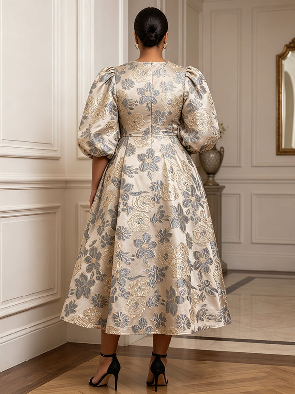 A-Line/Princess Scoop Neck Jacquard Tea-Length Plus Size Formal Dresses with Pleats