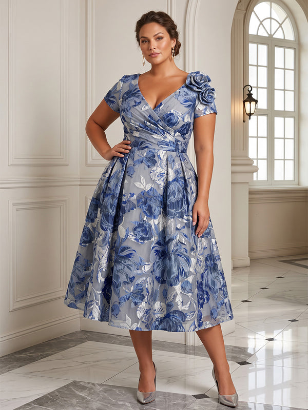 A-Line/Princess V-Neck Jacquard Tea-Length Plus Size Formal Dresses with Pleats