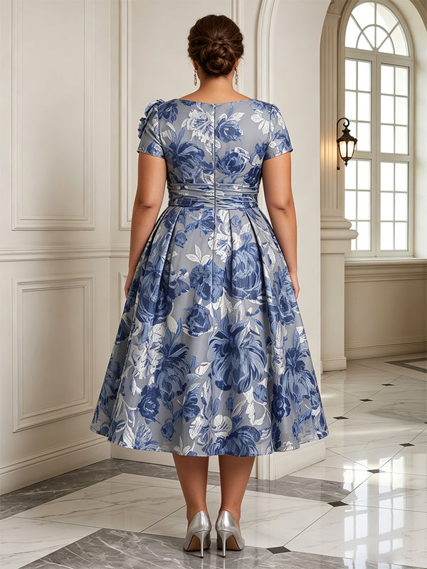 A-Line/Princess V-Neck Jacquard Tea-Length Plus Size Formal Dresses with Pleats