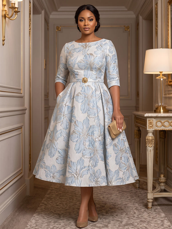 A-Line/Princess Scoop Neck Jacquard Tea-Length Plus Size Formal Dresses with Pleats & Pockets