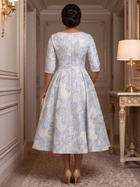 A-Line/Princess Scoop Neck Jacquard Tea-Length Plus Size Formal Dresses with Pleats & Pockets
