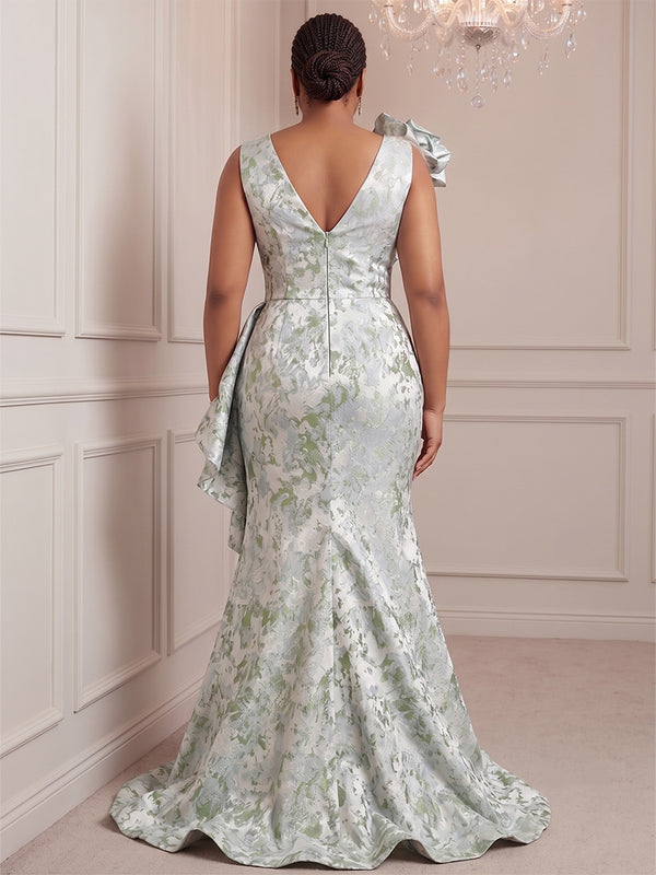 Mermaid/Trumpet V-Neck Jacquard Floor-Length Plus Size Formal Dresses with 3D Flowers, Ruffles & Slit