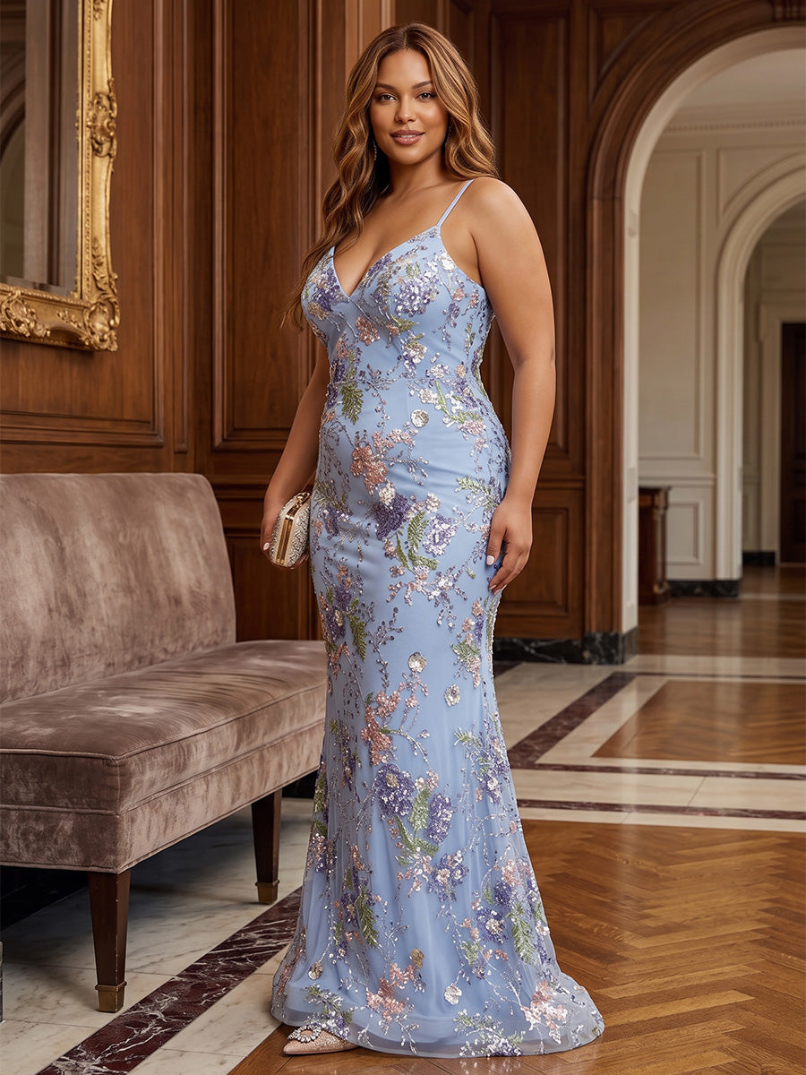Sheath/Column Spaghetti Straps Sequin Floral Floor-Length Plus Size Formal Dresses for Women