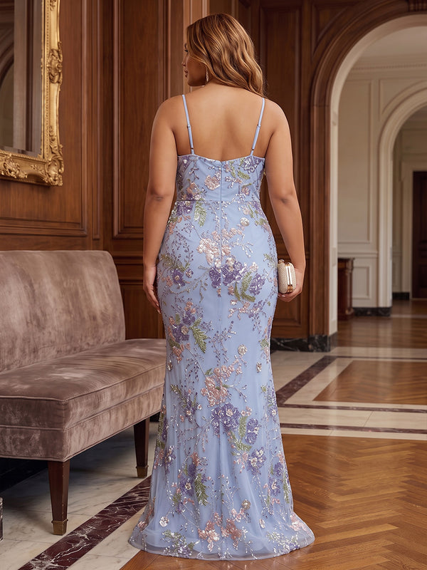 Sheath/Column Spaghetti Straps Sequin Floral Floor-Length Plus Size Formal Dresses for Women
