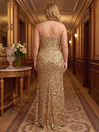 Sheath/Column Strapless Sequin Maxi Plus Size Formal Dresses with Corset Bodice & Slit