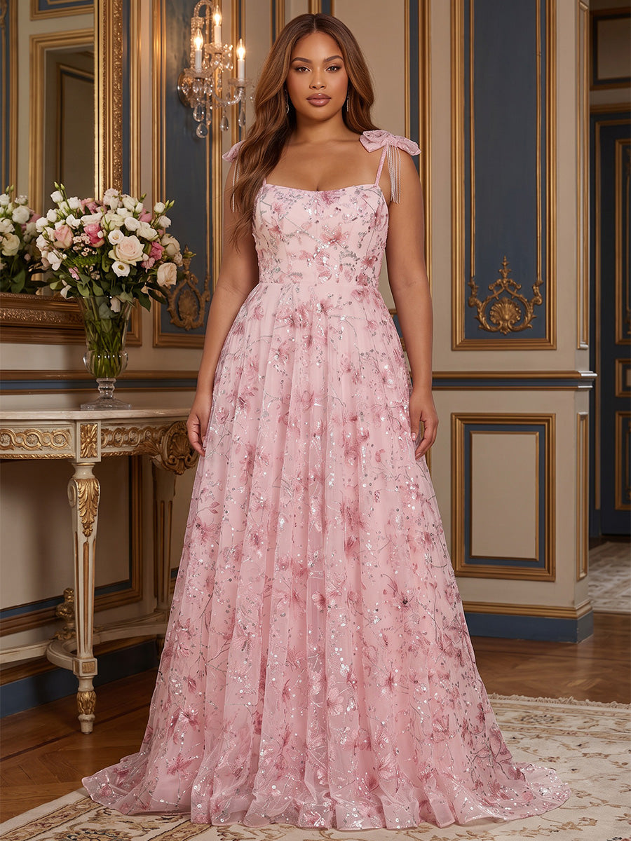 A-Line/Princess Spaghetti Straps Sequin Floral Floor-Length Plus Size Formal Dresses with Pleats