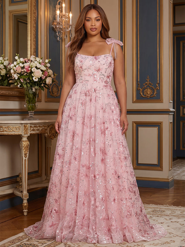 A-Line/Princess Spaghetti Straps Sequin Floral Floor-Length Plus Size Formal Dresses with Pleats