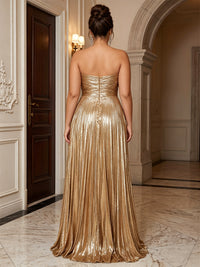 A-Line/Princess Strapless Metallic Satin Floor-Length Plus Size Formal Dresses with Pleats