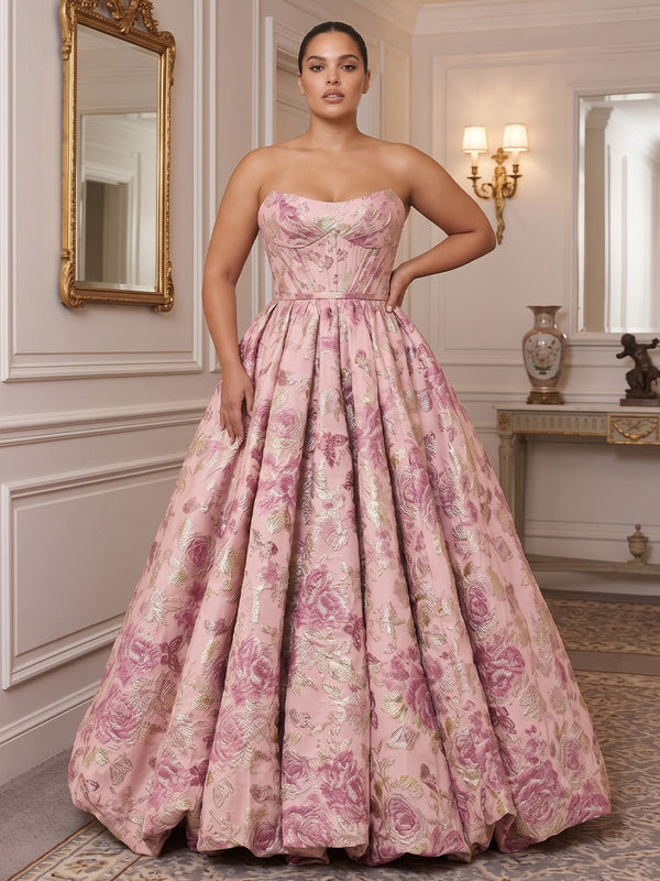 A-Line/Princess Strapless Jacquard Floor-Length Plus Size Formal Dresses with Corset Bodice & Pleats