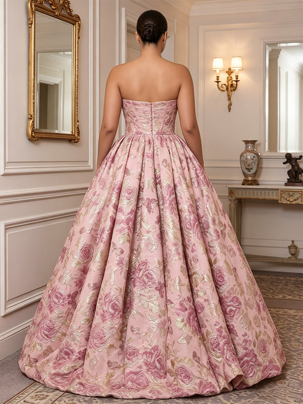 A-Line/Princess Strapless Jacquard Floor-Length Plus Size Formal Dresses with Corset Bodice & Pleats