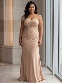 Sheath/Column One Shoulder Satin Maxi Plus Size Formal Dresses with Ruched Waist