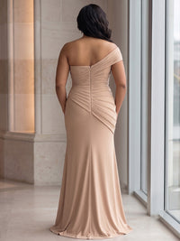 Sheath/Column One Shoulder Satin Maxi Plus Size Formal Dresses with Ruched Waist