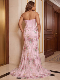 Sheath/Column Strapless Sequin Floral Floor-Length Plus Size Formal Dresses with Corset Bodice & Slit