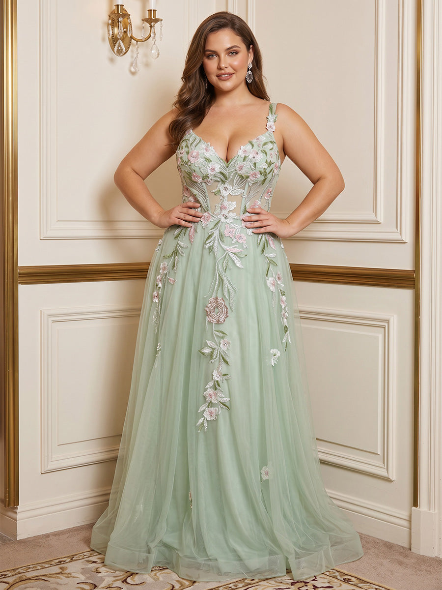 A-Line/Princess Spaghetti Straps Tulle Floor-Length Plus Size Formal Dresses with Floral Embroidery & Pleats