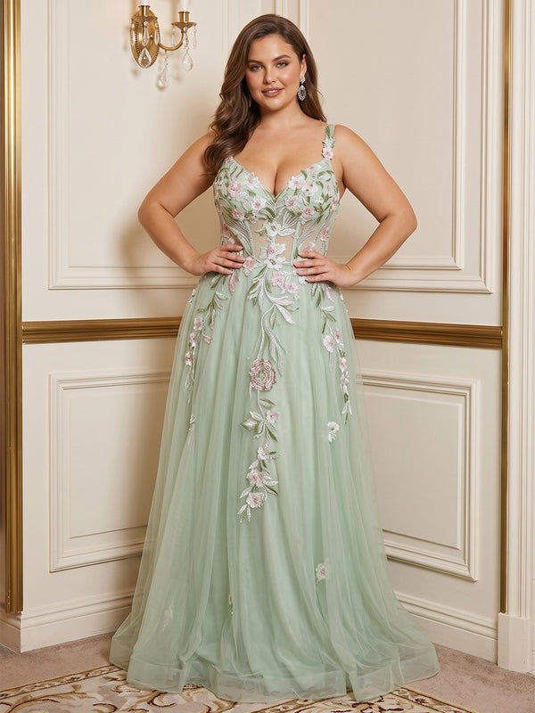 A-Line/Princess Spaghetti Straps Tulle Floor-Length Plus Size Formal Dresses with Floral Embroidery & Pleats