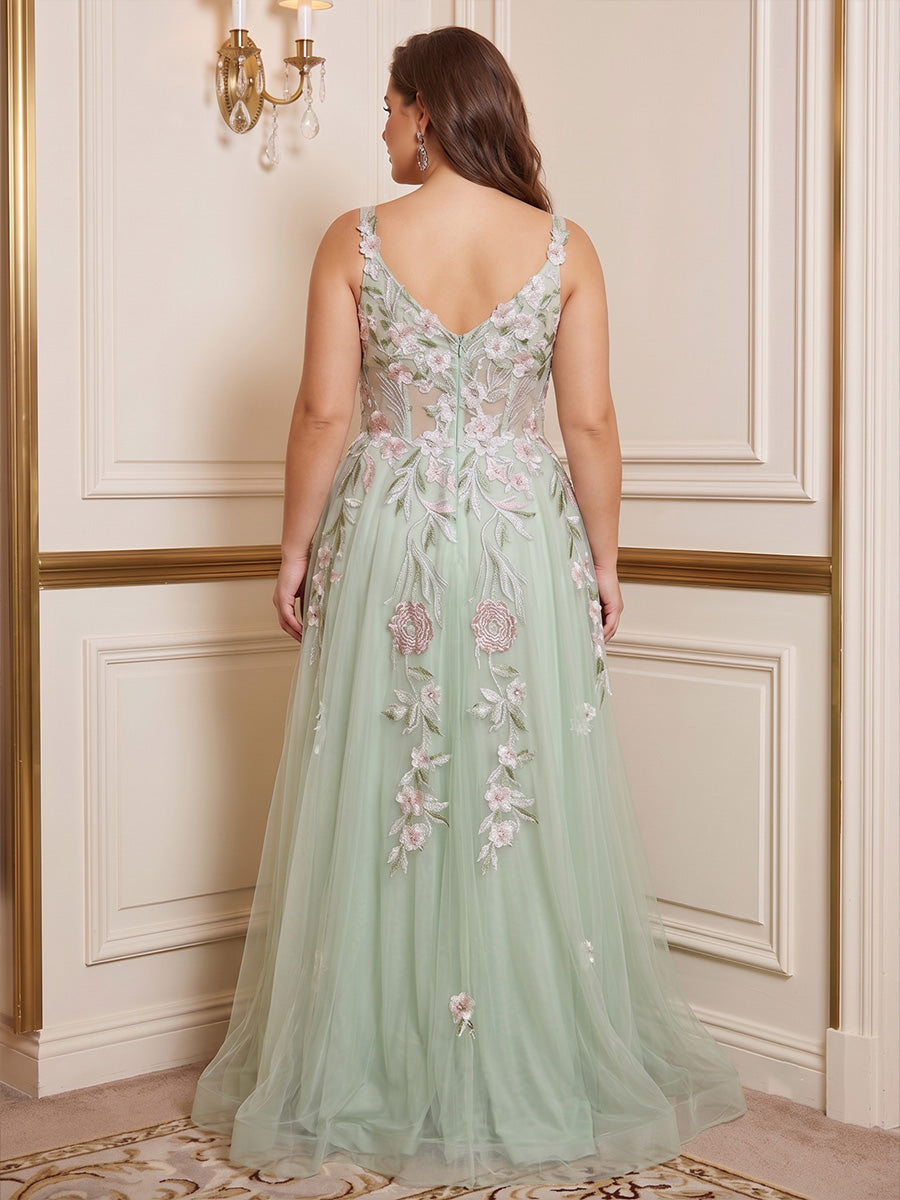 A-Line/Princess Spaghetti Straps Tulle Floor-Length Plus Size Formal Dresses with Floral Embroidery & Pleats