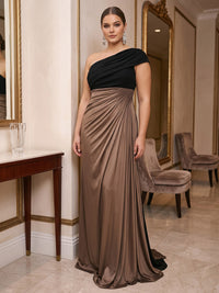 Sheath/Column One Shoulder Satin Floor-Length Plus Size Formal Dresses with Pleats