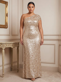 Sheath/Column One Shoulder Sequin Maxi Plus Size Formal Dresses for Women
