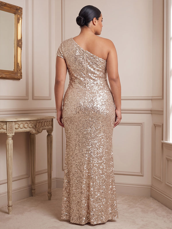 Sheath/Column One Shoulder Sequin Maxi Plus Size Formal Dresses for Women