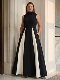 A-Line/Princess High Neck Satin Maxi Plus Size Formal Dresses with Pockets