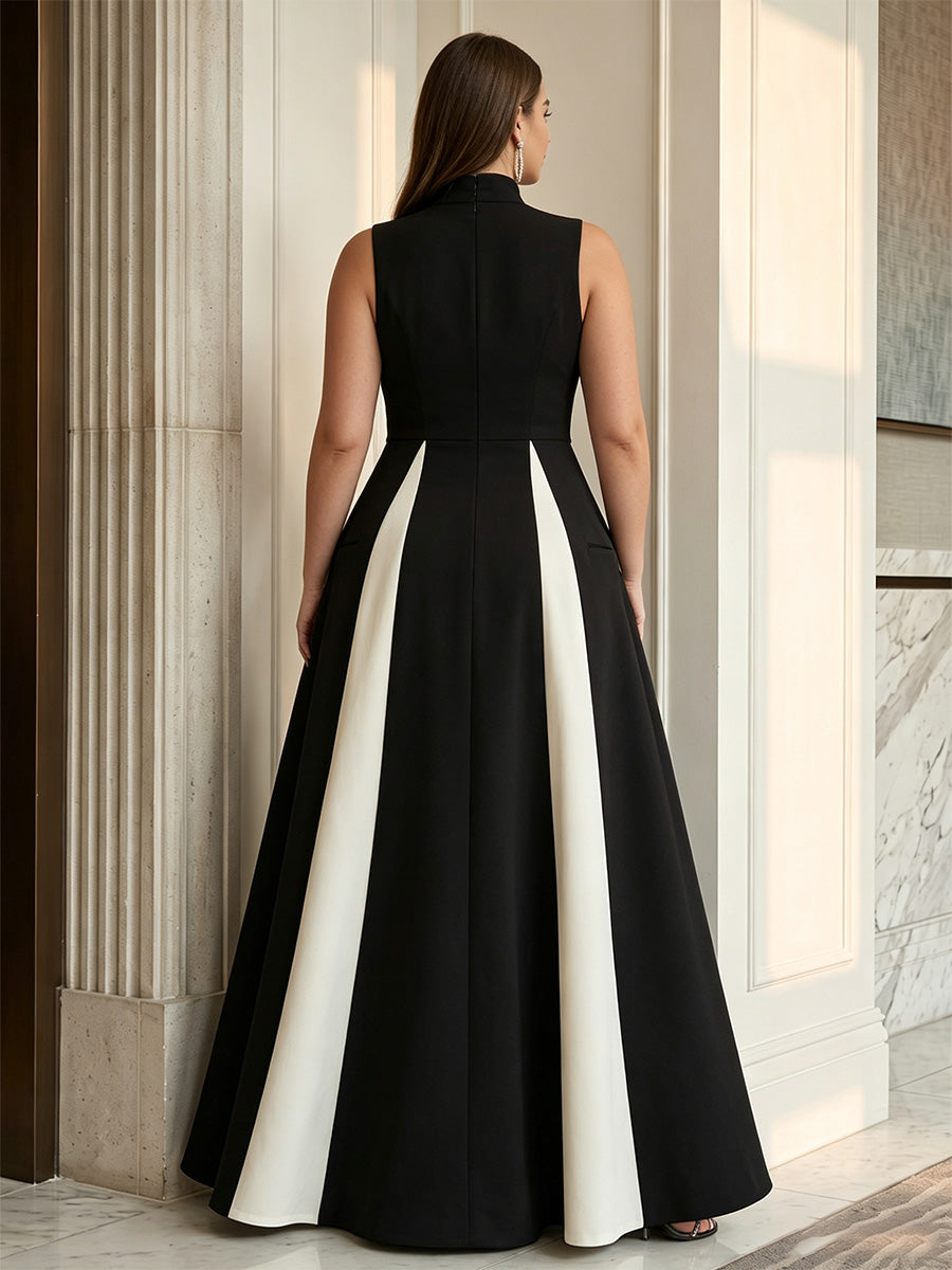 A-Line/Princess High Neck Satin Maxi Plus Size Formal Dresses with Pockets