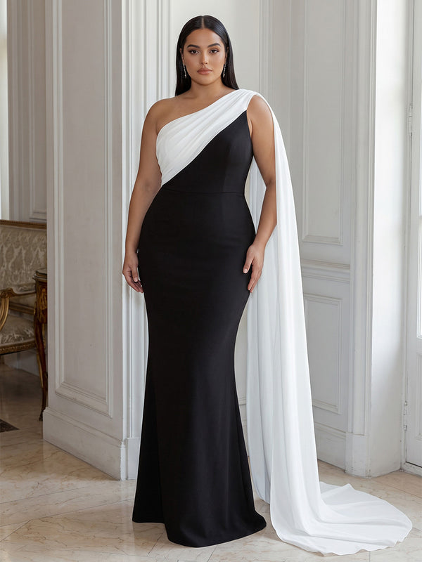 Sheath/Column One Shoulder Satin Maxi Plus Size Formal Dresses with Side Draped Sash