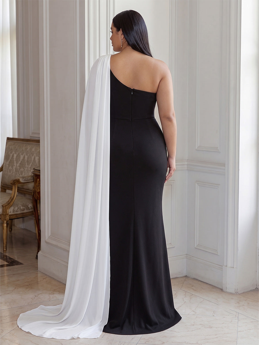 Sheath/Column One Shoulder Satin Maxi Plus Size Formal Dresses with Side Draped Sash