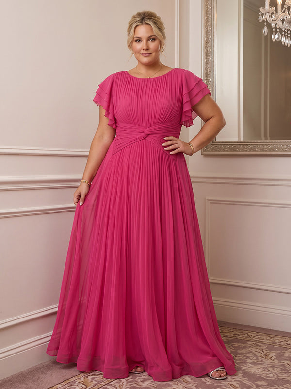 A-Line/Princess Scoop Neck Chiffon Maxi Plus Size Formal Dresses with Pleats