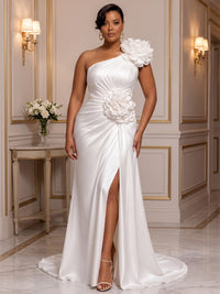 Sheath/Column One Shoulder Satin Floor-Length Plus Size Formal Dresses with 3D Flowers & Slit