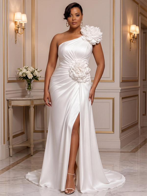 Sheath/Column One Shoulder Satin Floor-Length Plus Size Formal Dresses with 3D Flowers & Slit
