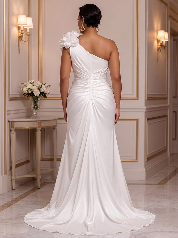 Sheath/Column One Shoulder Satin Floor-Length Plus Size Formal Dresses with 3D Flowers & Slit