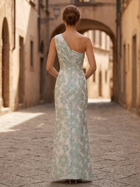 Sheath/Column One Shoulder Jacquard Maxi Formal Dresses with Ruched Bodice