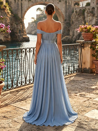 A-Line/Princess Off Shoulder Chiffon Maxi Formal Dresses with Pleats
