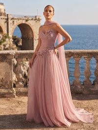 A-Line/Princess Strapless Chiffon Maxi Formal Dresses with 3D Flowers & Pleats