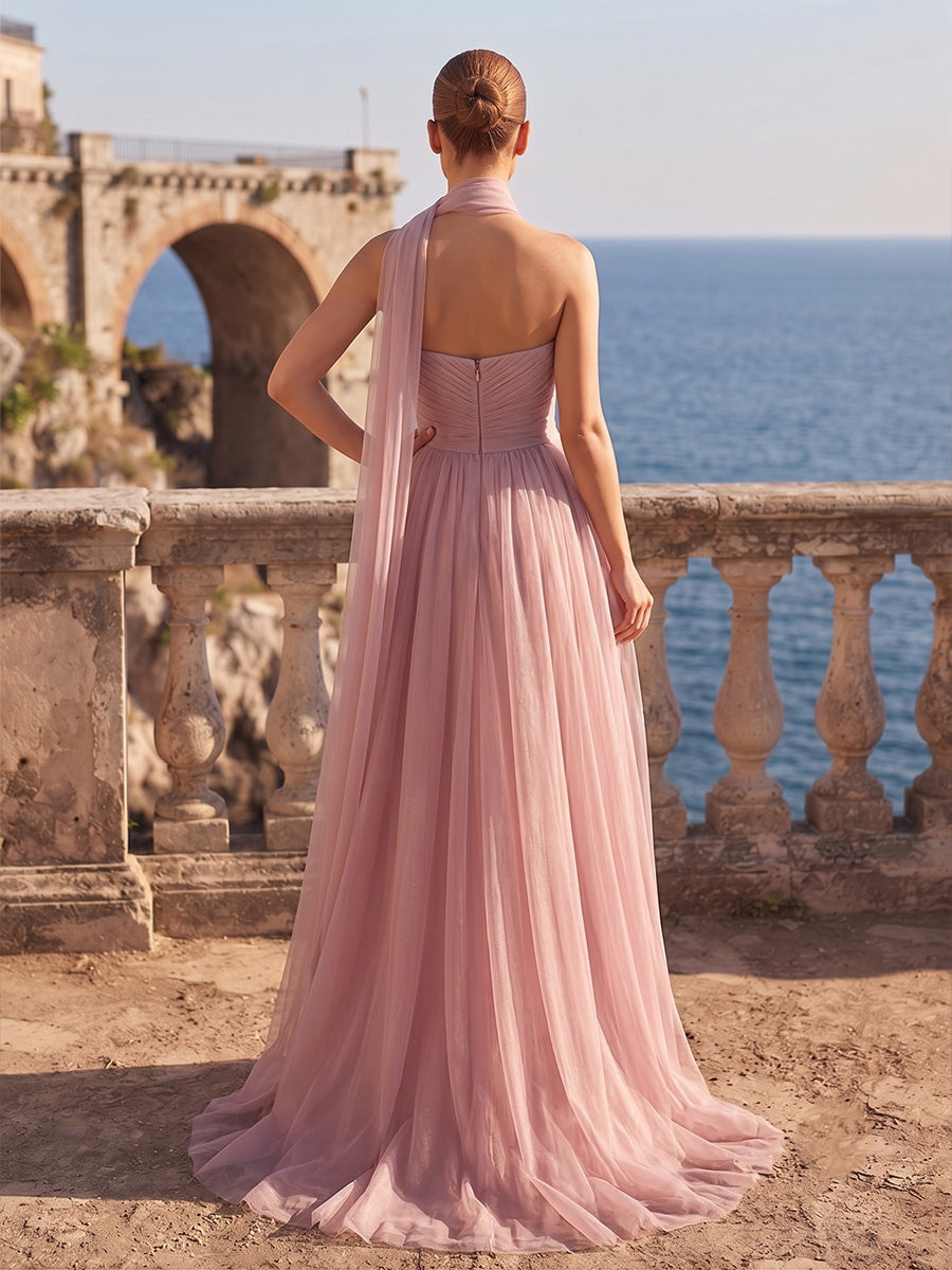 A-Line/Princess Strapless Chiffon Maxi Formal Dresses with 3D Flowers & Pleats