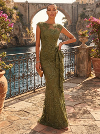 Sheath/Column Scoop Neck Lace Appliques Maxi Formal Dresses with Ruffles