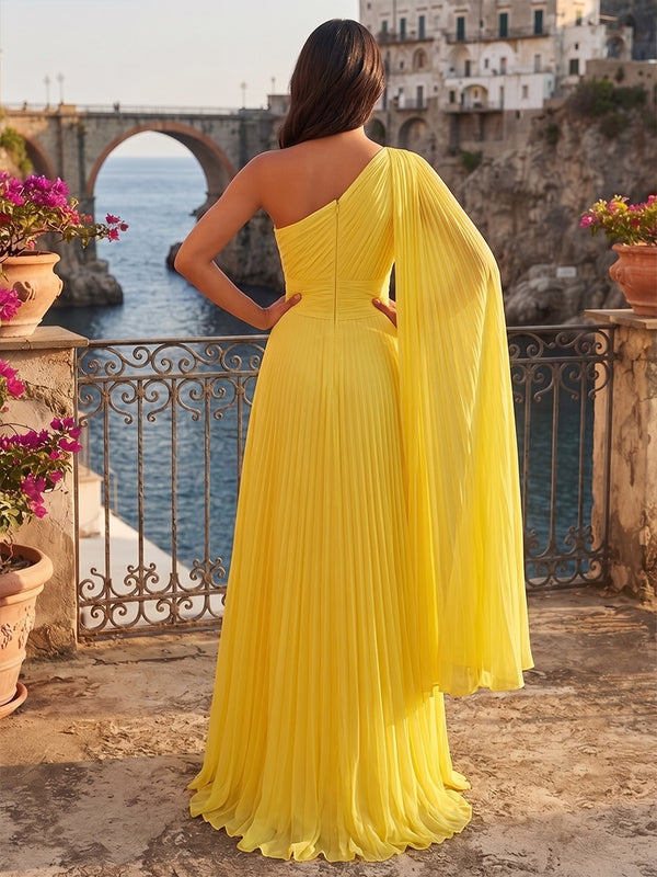A-Line/Princess One Shoulder Chiffon Maxi Formal Dresses with Pleats & Slit