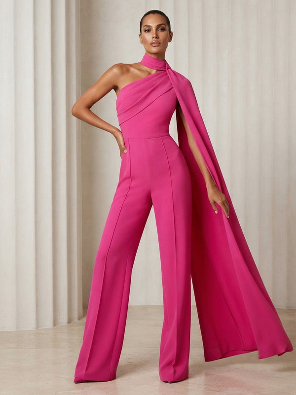Jumpsuit One Shoulder Satin Maxi Formal Dresses with Side Draped Sash