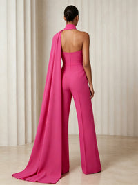 Jumpsuit One Shoulder Satin Maxi Formal Dresses with Side Draped Sash