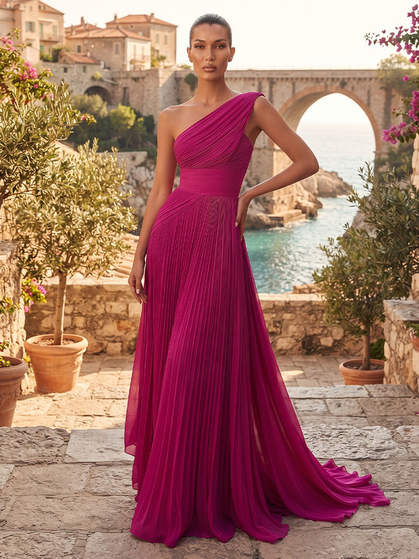 A-Line/Princess One Shoulder Chiffon Maxi Formal Dresses with Pleats